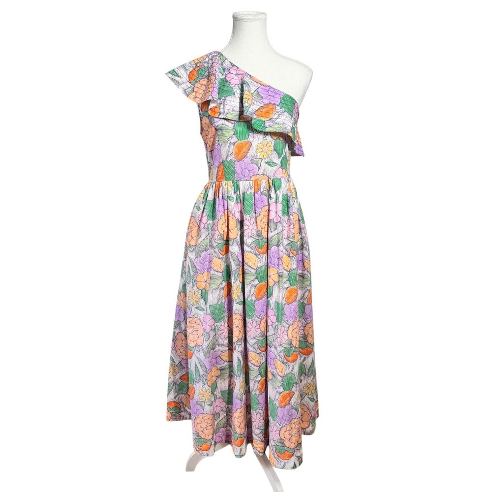 Entro Dress Women S Purple Orange Floral One Shoulder 100% Cotton Tradwife Prep